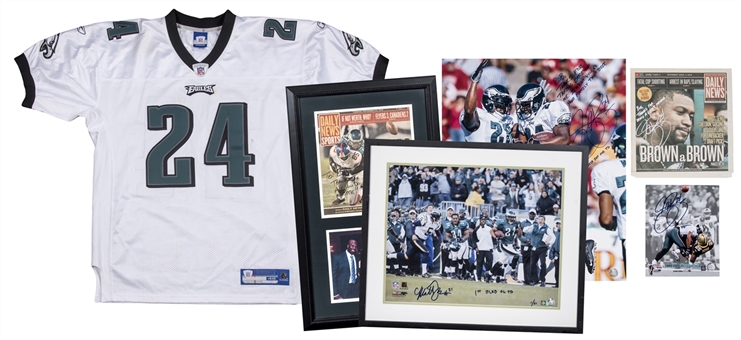 Lot of (6) Philadelphia Eagles Signed Photos & Memorabilia Including Sheldon Brown Signed & Stats Inscribed Road Jersey (Beckett PreCert)